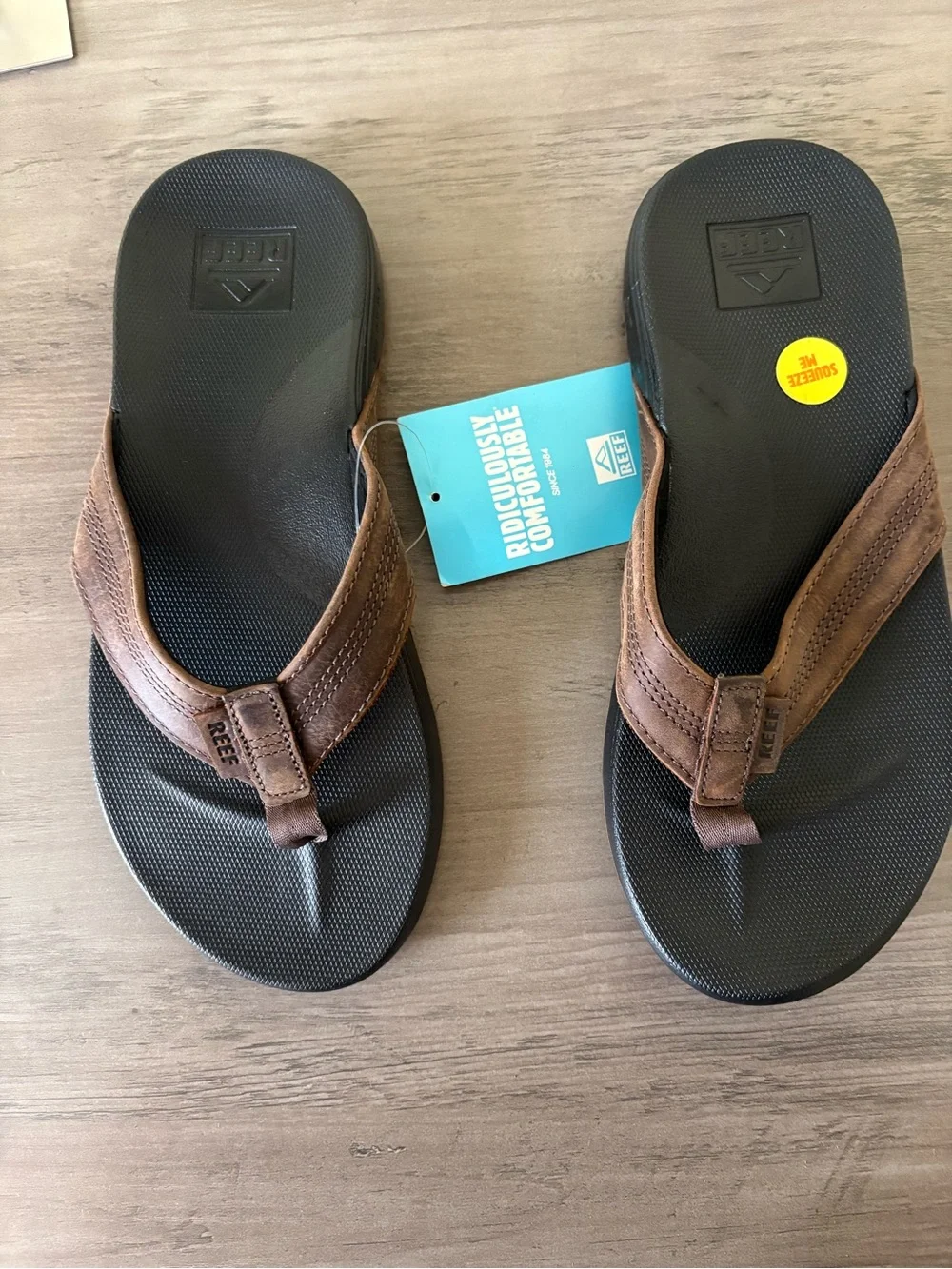 REEF Cushion Phantom LE Men’s 8 Black Brown Leather Flip Flops NWT